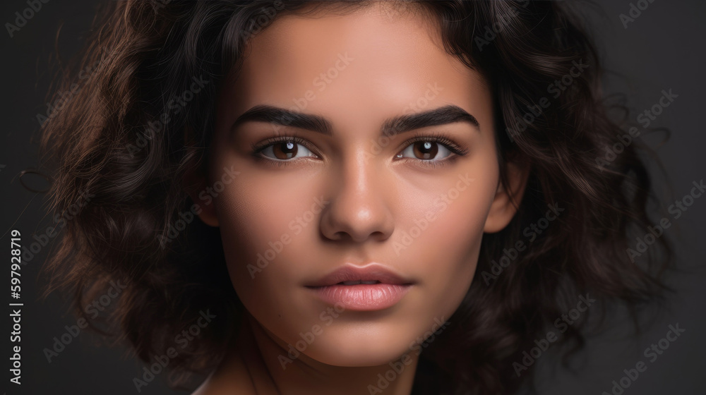 Natural Latino woman portrait. Beautiful model in studio background. Generative AI Natural Latino woman portrait. Beautiful model in studio background. Generative AI