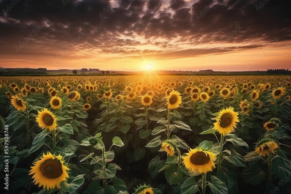 Sunflowers a field at dramatic sunseton the background of setting sun and cloudy sky