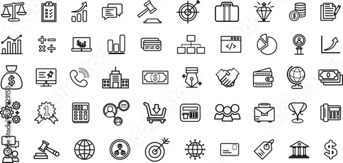 Vector business and finance editable stroke line icon set with money, bank, check.Business and finance web icon set - minimal thin line web icon set. Outline icons collection. Vector illustration
