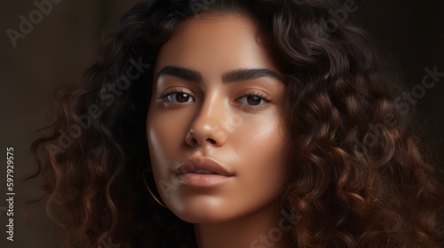 Natural Latino woman portrait. Beautiful model in studio background. Generative AI
