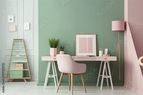 nterior design of livingroom at contemporary apartment , tropical plants, books, tea pot and elegant accessories. Modern home decor, AI Generative © AKKA
