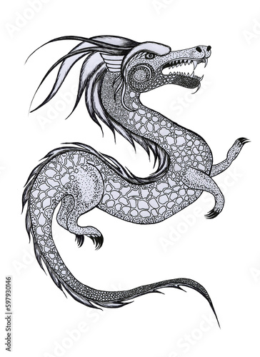 Dragon hand drawn sketch illustration. Black and white image of a fantastic reptile. Tattoo and coloring. Print for clothing in oriental style.