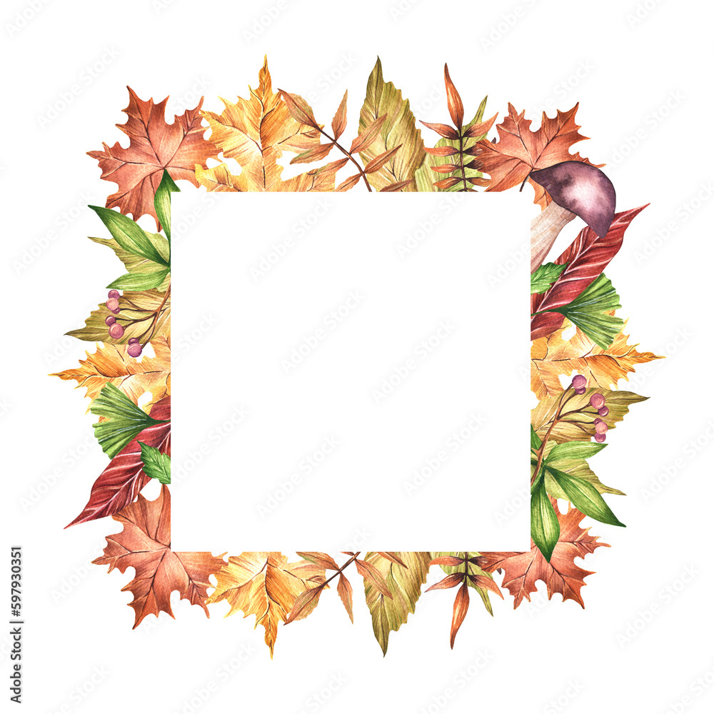 Watercolor square frame. Hand-drawn autumn leaves, twigs, mushrooms collected in a frame for an inscription. Autumn