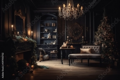 luxury interior xmas,glowing tree, fireplace, generative AI © TIYASHA