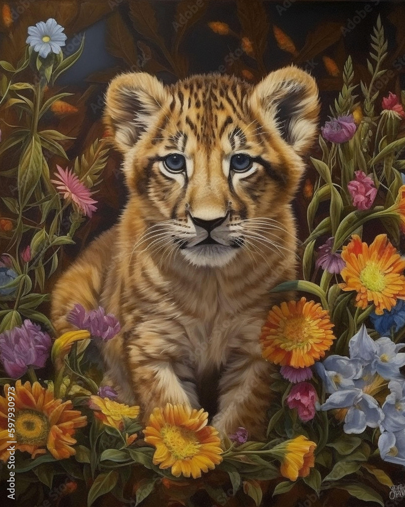 Adorable Lion Cub in a Patch of Wildflowers, AI Generative Art Adorable Lion Cub in a Patch of Wildflowers, AI Generative Art