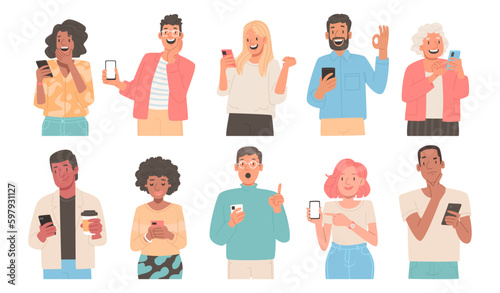 People use mobile phones. Characters are holding smartphones in their hands gesticulating. Men, women look at the phone screen, surf the Internet