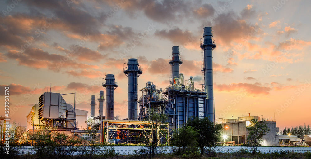 Natural Gas Combined Cycle Power Plant ,Gas turbine electrical power plant with in Twilight power for factory energy concept. - obrazy, fototapety, plakaty 
