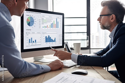 Business person analyzing accounting data on a laptop screen, concept of data visualization, graphs, charts, infographics, dashboard, financial data, collaboration, discussion photo