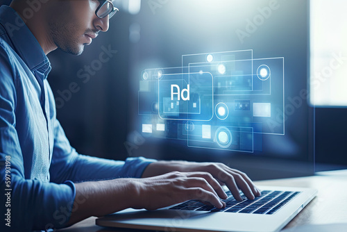 Business person analyzing programmatic ad data on a laptop screen, real-time ad bidding, online advertisement exchange, concept of targeting, automation, algorithm, inventory, demand-side, supply-side photo