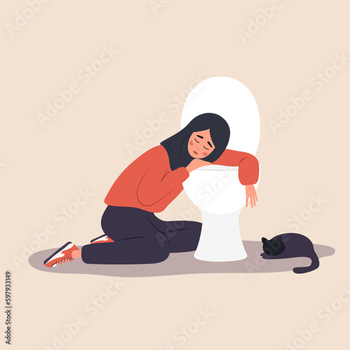 Eating disorder. Unhealthy arabian woman sitting on floor leaning on toilet and feeling nausea from food. Bulimia or anorexia concept. Girl with mental problems. Vector illustration in cartoon style.