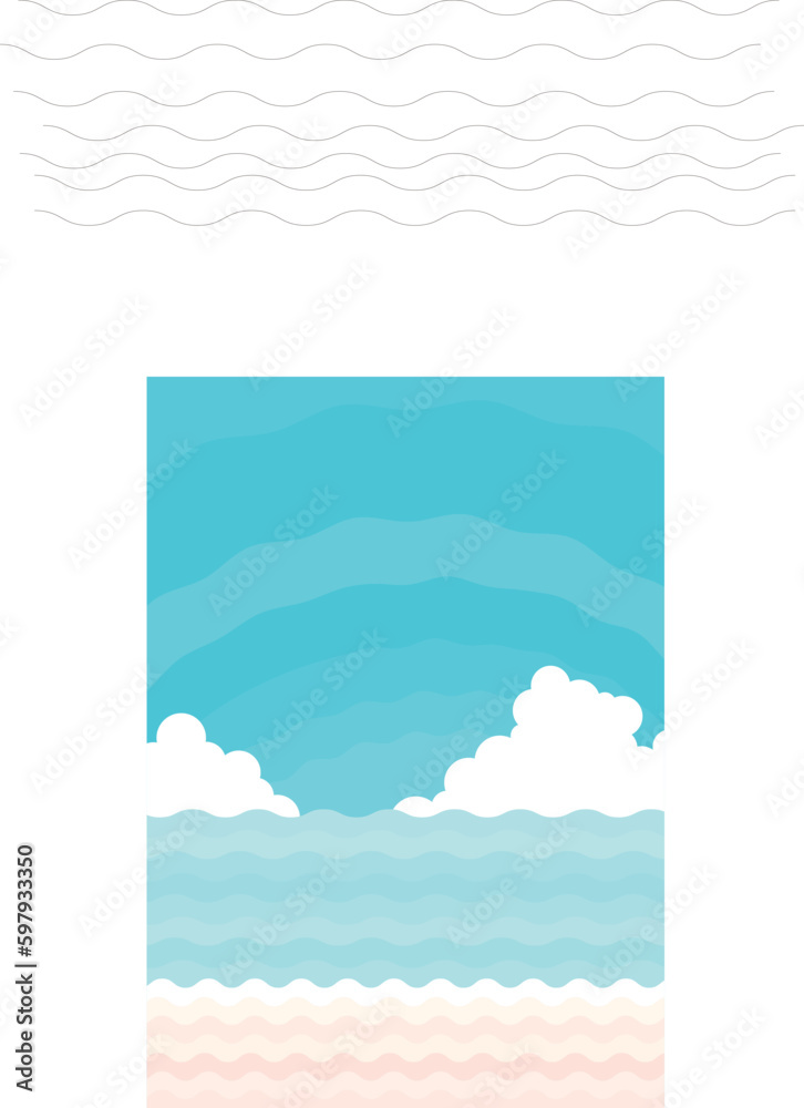 シンプルでかわいい青空と海の背景イラストベクターデザイン素材たて