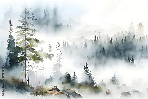 watercolor sketch, morning fog over the taiga