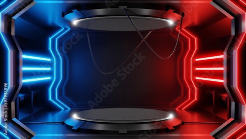 Podium sci-fi blank product stand with neon, Platform design for product, Technology with blue and red color, Abstract background, 3D rendering