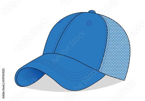 Blank Blue Baseball Cap With Mesh-Back Template On White Background, Vector File