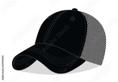 Blank Black Baseball Cap With Mesh-Back Template On White Background, Vector File