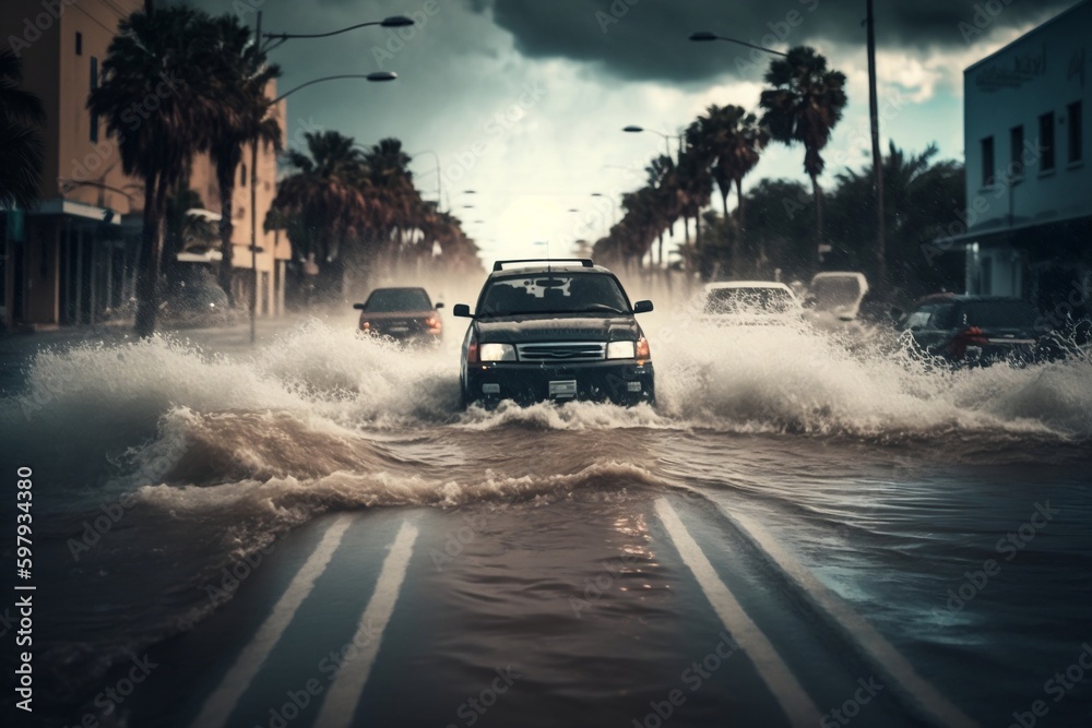Cars Driving on Flooded Florida Street. AI