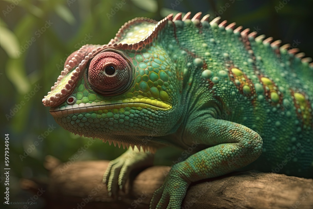 Mysterious Green Chameleon: Exotic Wildlife in Vivid Close-Up, Generative AI