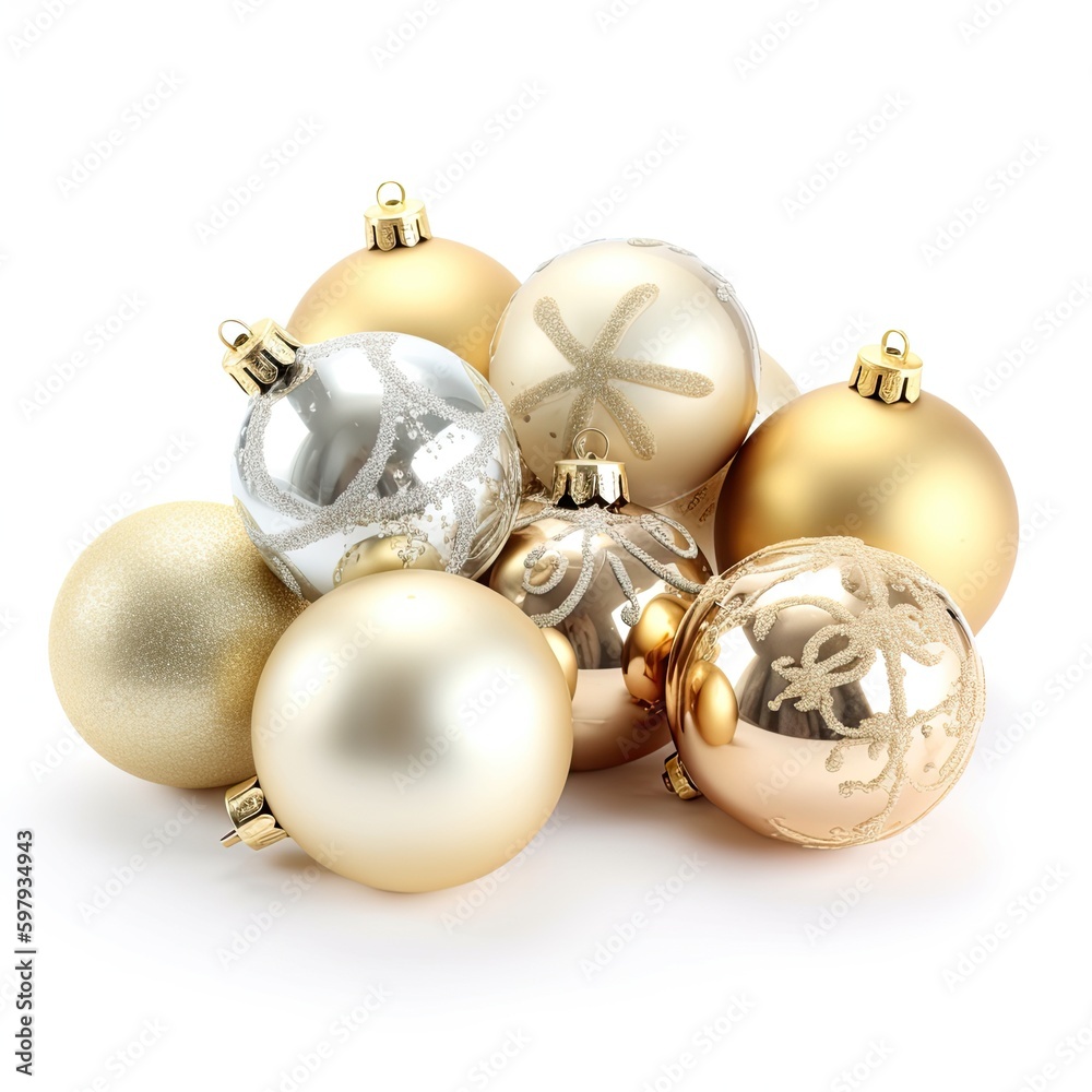 New Year Celebration with a Spark of Gold: Isolated Christmas Balls on White. Generative AI New Year Celebration with a Spark of Gold: Isolated Christmas Balls on White. Generative AI