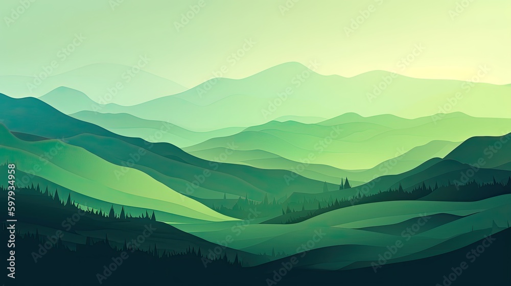 Organic Green Nature Art: Abstract Meadow Background with Mountains and Hills Illustration Design: Generative AI