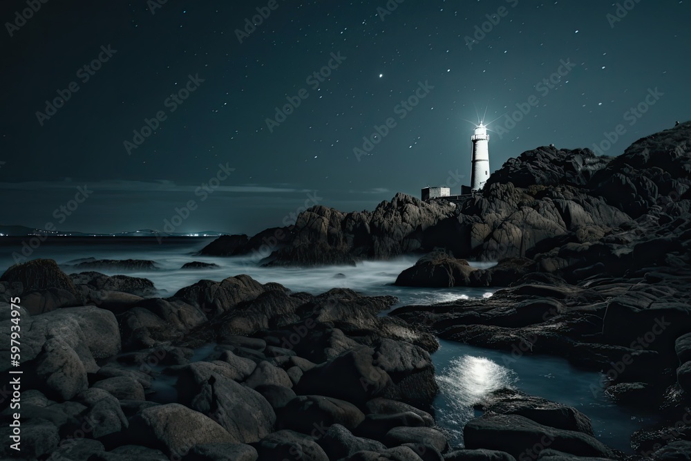 Peaceful Beacon in the Night: Lighthouse Illuminating the Rocky Coastline. Generative AI