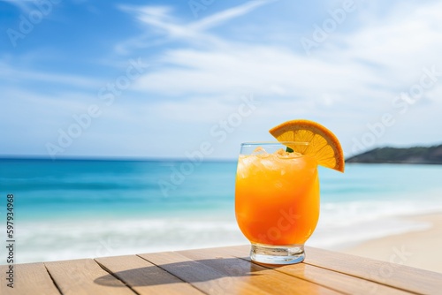 Paradise Found: A Summer Luxury of Orange Cocktail and Sea Views on a Sunny Beach: Generative AI