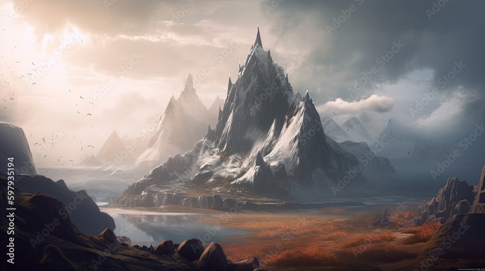 The Asgard Realm: A Panoramic Fantasy Landscape of Nordic Mythology and Viking Legends. Generative AI - obrazy, fototapety, plakaty 