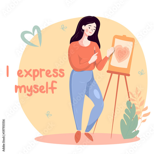Self love and love your body and mind concept. Girl paints a picture and expresses herself.
