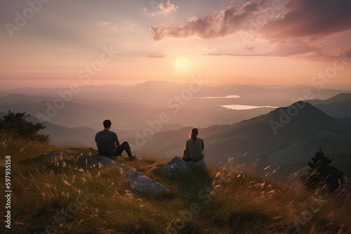 Stunning Evening View: Couple Sitting at Sunset on Mountain Range, Generative AI © Web