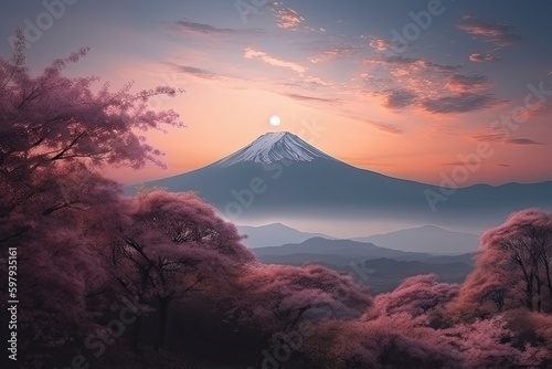 Stunning Sundown Over a Blooming Sakura Forest: Soft Focus Blissful Luminance of a Surreal Japanese Landscape. Generative AI