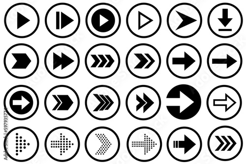 Arrow Icon Set. Black Simple Arrow Collection Play Download Direction Next Continue Button Circle Vector Illustration