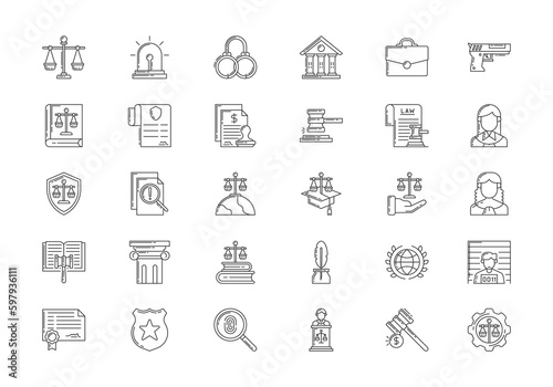 Law and Justice icons set. Line Style Vector Illustration