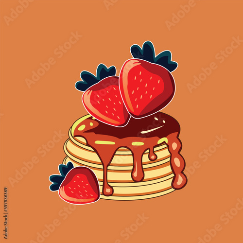 A stack of pancakes with chocolate and strawberries on an orange background.