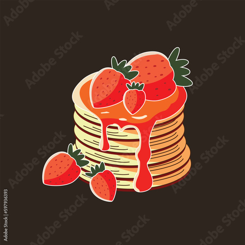 Pancakes with strawberries and syrup on a black background.