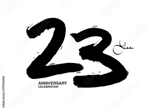 23 Years Anniversary Celebration Vector Template, 23 number logo design, 23th birthday, Black Lettering Numbers brush drawing hand drawn sketch, black number, Anniversary vector illustration