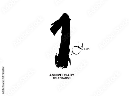 1 Years Anniversary Celebration Vector Template, 1 number  logo design, 1st birthday, Black Lettering Numbers brush drawing hand drawn sketch, black number, Anniversary vector illustration