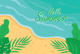 Summer background vector design with beautiful tropical leaves and beach