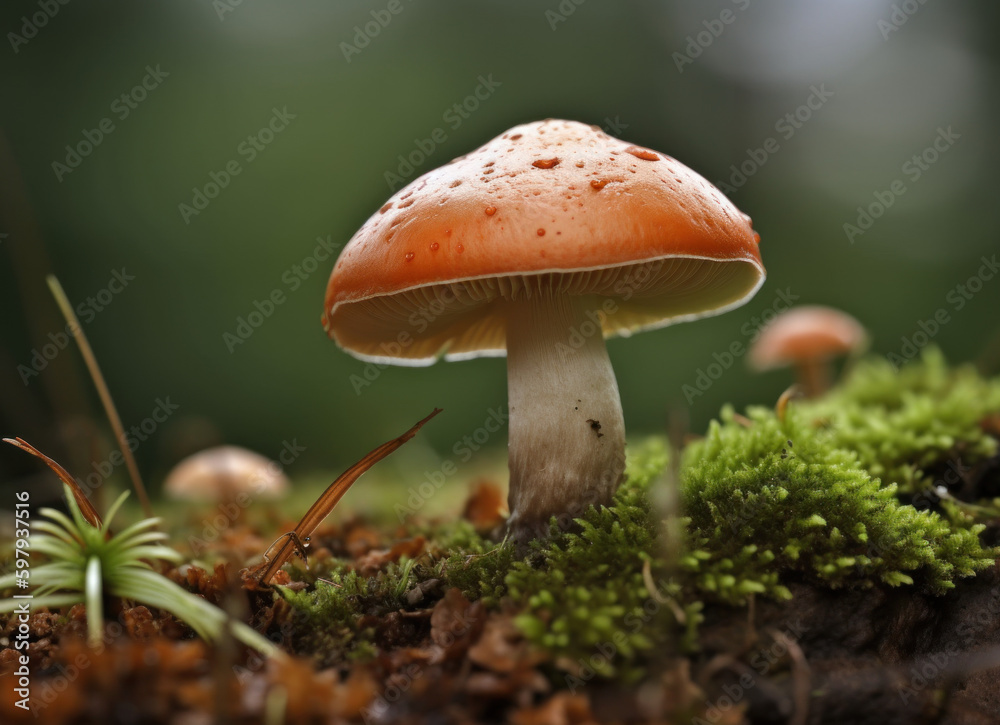 Fototapeta premium Close-up of Wild Mushroom Growing on Forest Floor - Photo Art Created with Generative AI and Other Techniques