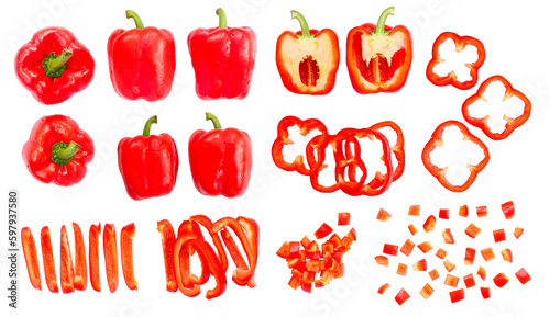 Fotografiet Set of ripe red bell peppers isolated on white background, top view