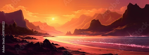 Sunset in Desert in Concept Art Style. AI generated illustration.