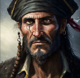 Painted Pirate Portrait. Generative AI.
A digital painting of a middle aged male pirate.