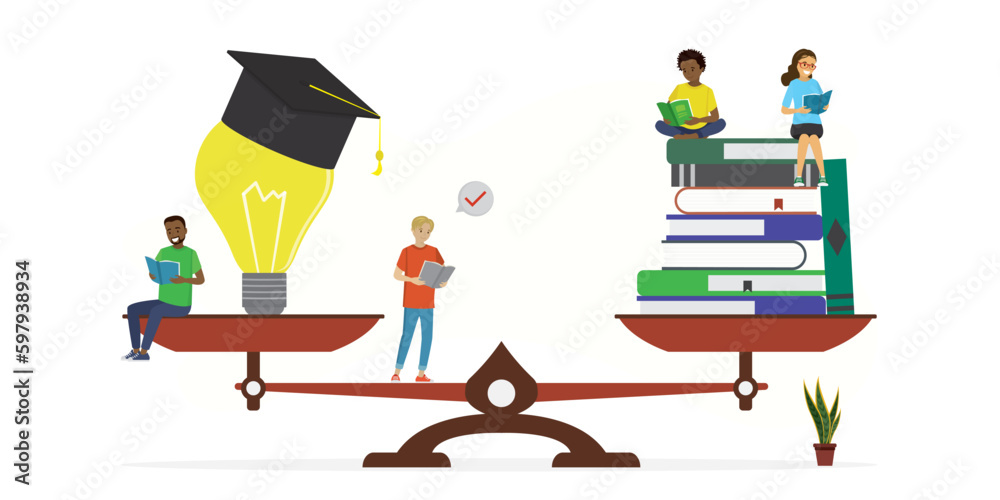 Obraz premium Balance between reading and ideas. Stacks of books and light bulbs for inspiration and education. Graduated from university. Various students reading books or textbooks.