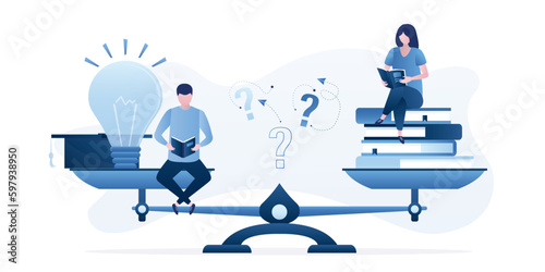 Balance between reading and ideas. Stacks of books and light bulbs for inspiration and education. Graduated from university. Various students reading books or textbooks.