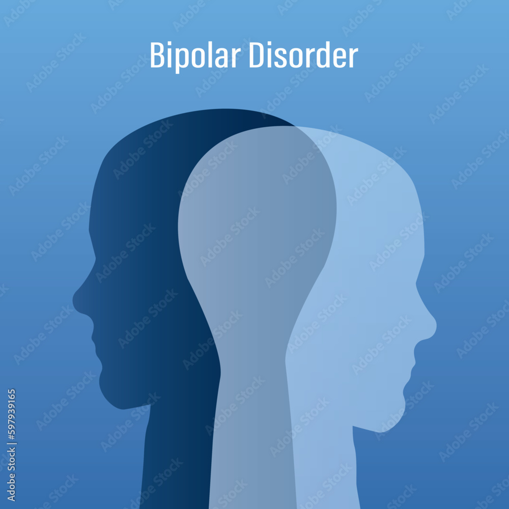 Bipolar disorder mind mental. Double face. Split personality. Concept mood disorder. Dual personality concept. Two head silhouette. Mental health, psychology. Emotional highs and lows