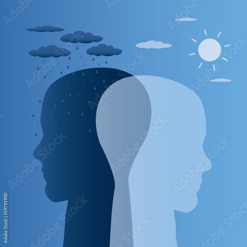 Bipolar disorder mind mental. Double face. Split personality. Concept mood disorder. Dual personality concept. Two head silhouette. Mental health, psychology. Good mood and rainy day.