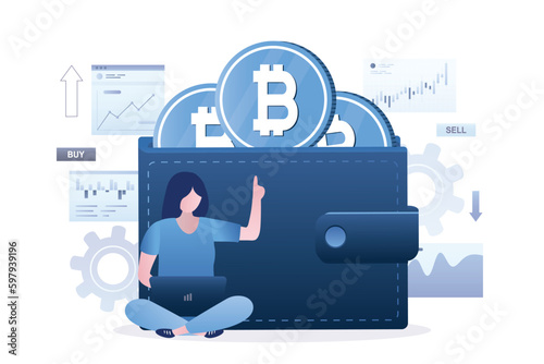 Businesswoman sitting near wallet and working on laptop. Salary and payments in cryptocurrency. Female investor trades bitcoin. Blockchain technology. Invest in bitcoin,