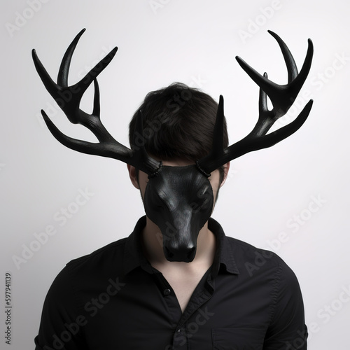 Young man wearing a horned deer mask photo