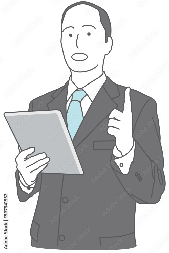 タブレット端末を持って説明する、スーツを着た男性 タブレット端末を持って説明する、スーツを着た男性