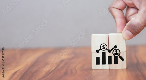 Analytics of HR, People, customer concept. Deeply data driven, advanced analytics for achieve sustainable business success. Wooden cubes with people,buyer, customer analytics icon on smart background