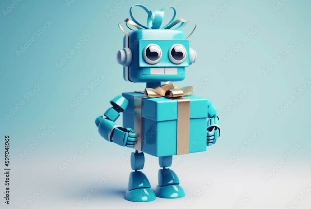 Smiling robot with gift box on blue background. Generative AI