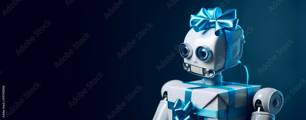 Robot girl with gift box on blue background. Generative AI Robot girl with gift box on blue background. Generative AI